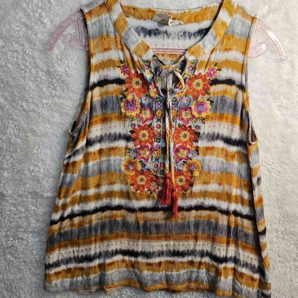 Savanna Jane Lg southwestern Stripe Floral Boho Tassel Tank‎ Rodeo Cowgirl #553